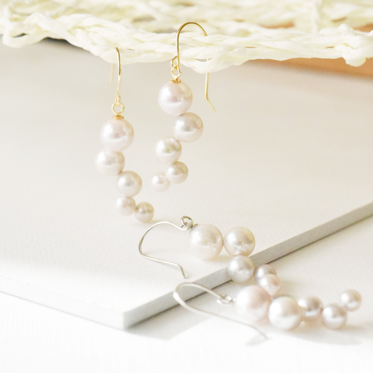 アコヤ真珠3.5〜6.5mmバブルデザイン フックピアス（Pt／K18）