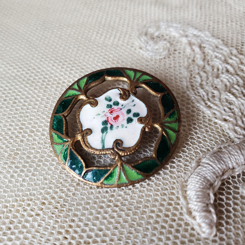 フランス1900年前後 エマイユボタン 深緑ローズ 27mm ボタン Mon