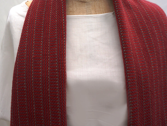 柔らか手織りマフラー エクストラファインメリノ ココア・濃レッド 9枚目の画像