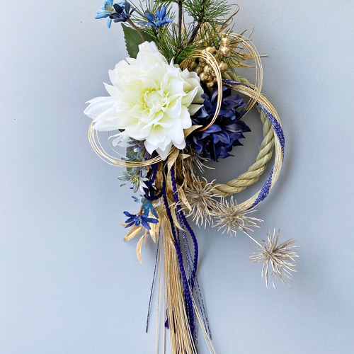 お正月飾り2024☆新作☆ブルーブラン 青と白のモダンなダリア ☆お正月