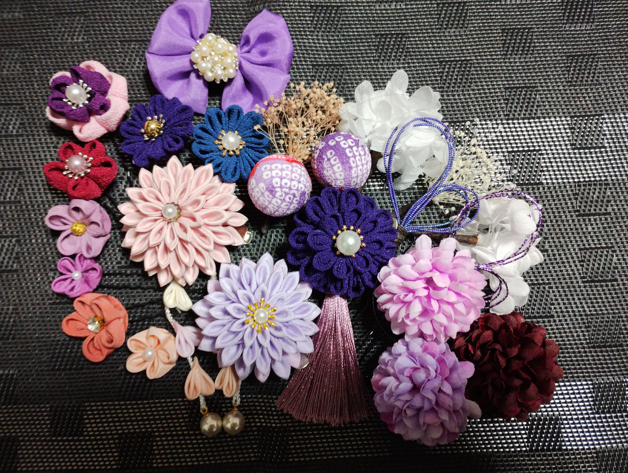 髪飾り　髪飾りパープル　髪飾りピンク　成人式髪飾り　卒業式髪飾り　七五三髪飾り　つまみ細工髪飾り