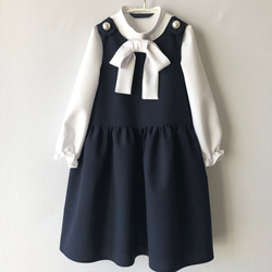 【3wayフォーマルコーデセット】大きなパールボタンのよそゆきワンピース【ネイビー/子ども服/スタンドカラーシャツブラウ 2枚目の画像