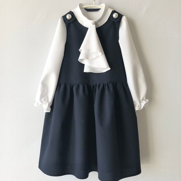 【3wayフォーマルコーデセット】大きなパールボタンのよそゆきワンピース【ネイビー/子ども服/スタンドカラーシャツブラウ 1枚目の画像