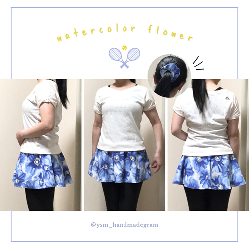 濃ブルー水彩花柄 テニス スコート 両サイドポケ付き ゴルフ ミニ