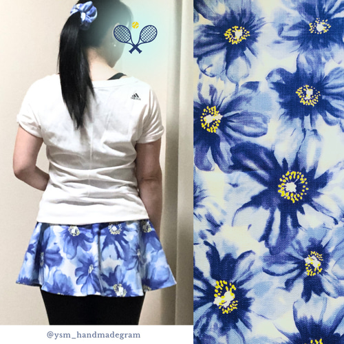 濃ブルー水彩花柄 テニス スコート 両サイドポケ付き ゴルフ ミニ