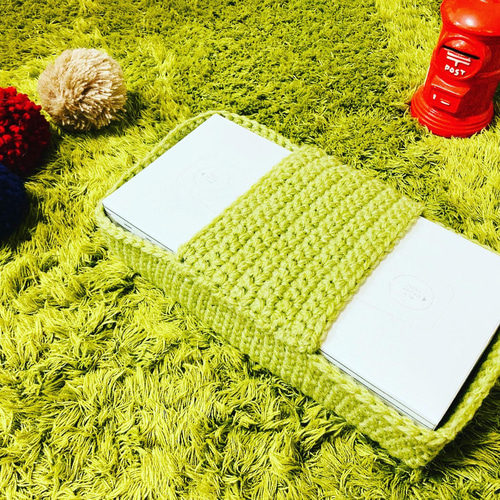 苔田かえる作‼️若草色の毛糸で編んだティッシュカバー ティッシュ