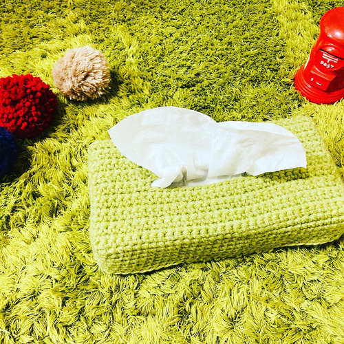 苔田かえる作‼️若草色の毛糸で編んだティッシュカバー ティッシュ
