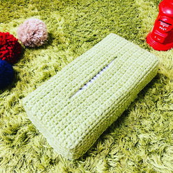 苔田かえる作‼️若草色の毛糸で編んだティッシュカバー 4枚目の画像