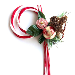 2025天然二重しめ縄二重紅白水引結び赤ダリア紅玉 しめ縄 注連縄