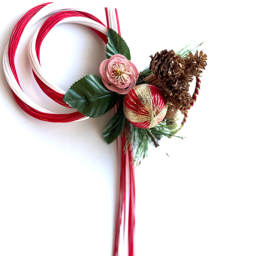 水引梅をピンクに変え再販♡5白水引ふた輪赤梅飾り赤金玉しめ縄 注連縄