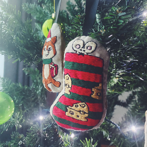 リネン製キツネ刺繍クリスマスストッキング