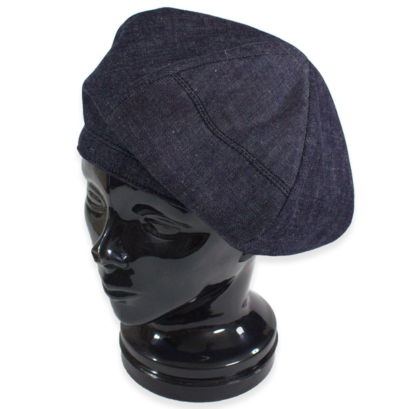 ライトデニムと革のパッチワークベレー帽（グレイ） 2枚目の画像