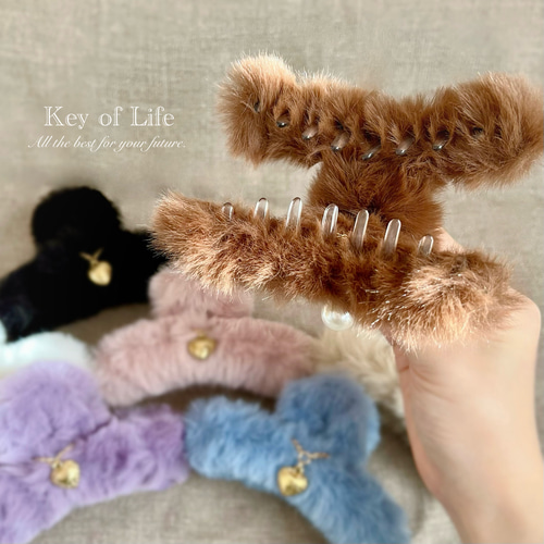 Key of Life☆両面チャーム付き☆パープル ファー バンスクリップ/ヘア