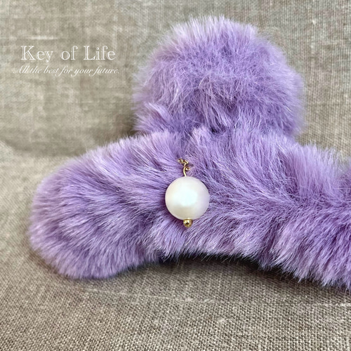Key of Life☆両面チャーム付き☆パープル ファー バンスクリップ/ヘア