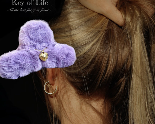 ハンドメイド♡♡ファーバンスクリップ♡Fancyパープルギンガム ハンドメイド♡♡ファーバンスクリップ♡♡Fancyギンガムチェック