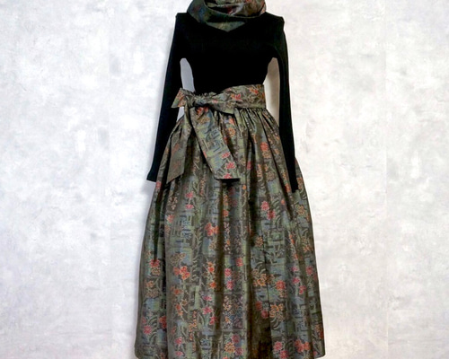 003❇︎大島紬14枚剝ギャザーたっぷりスカート ウエストゴム リボン両脇ポケット 大島紬リメイク エンジ ハンドメイド ギャザースカート ウエスト総ゴム