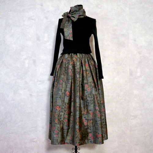 一点モノ】大島紬 着物リメイク ギャザー スカート & スヌード 〜 四季