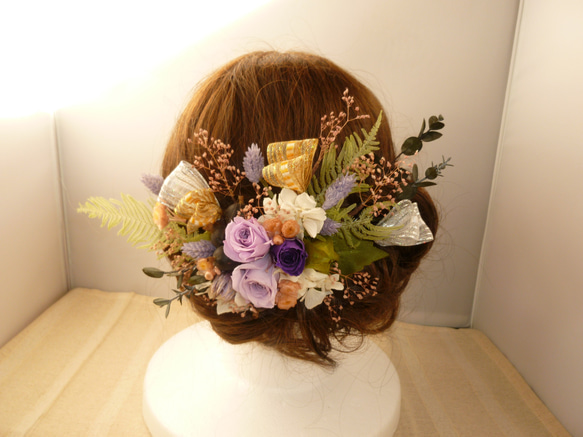 プリザの髪飾り（コサージュ）パーツ付き（パープル系）バラ 6枚目の画像