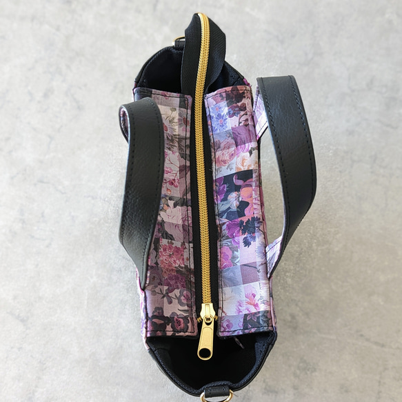 ２wayトートバッグ　イタリア製リバティ/アーカイブギンガム グレー·パープル　フェイクレザー　ミニトートバッグ　旅行 4枚目の画像