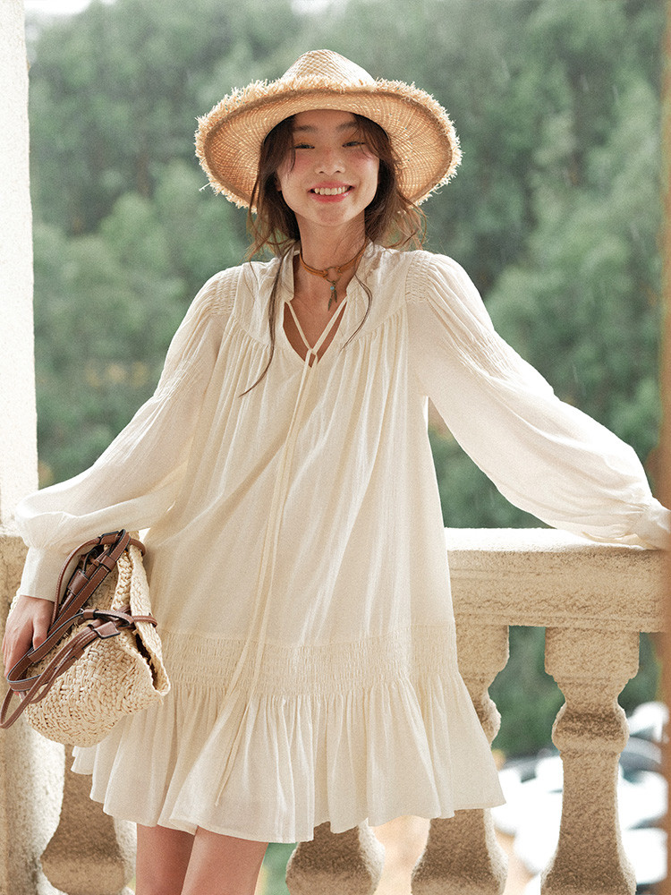 春秋　フランスのレトロな気質アプリコット長袖ドレス　レイヤードレースアップルーズVネックドールドレス　レディースドレス