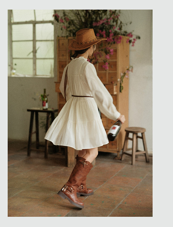 春秋　ボシミアンデザインレディースシャツドレス　アプリコット長袖ドレス　ルーズリトルマンシャツドレス 7枚目の画像