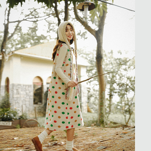 秋冬 日系 スイートなスタイル カラフルな水玉模様 ゆったり