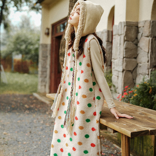 水玉模様ノースリーブワンピース 秋冬 日系 スイートなスタイル カラフルな水玉模様 ゆったり