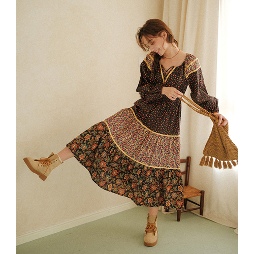 秋冬 ヴィンテージ エスニックスタイル 花柄パッチワーク Vネック