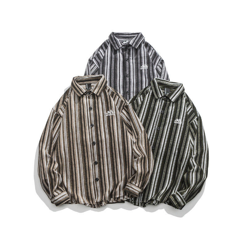 春と秋の新作縦ストライプ刺繍長袖シャツメンズカーディガンカジュアルシャツ 3カラー 20.-1210