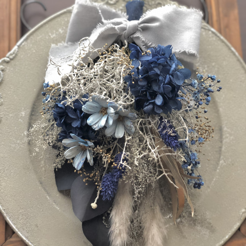 ドライフラワー2way⭐︎しめ縄飾り&スワッグ〜ブルー〜 しめ縄