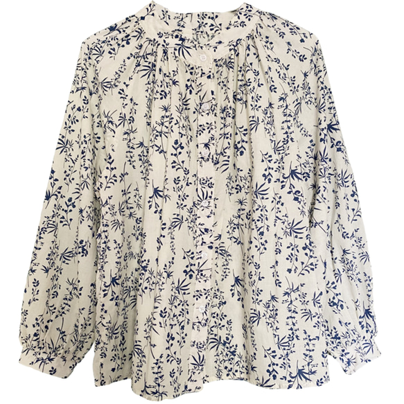 春秋　青い花柄ゆったりとした長袖シャツ　カジュアルスウィート　ビューティフルシャツ　トップ　レディース 5枚目の画像