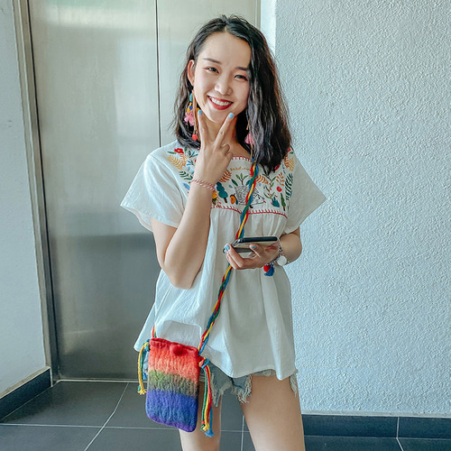 森ガーリー リゾートスタイル 動物の刺繍 スクエアネック ゆったり T