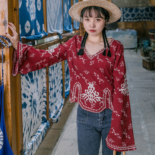 エスニックリゾートスタイル フレア袖 刺繍 Vネック シフォンシャツ