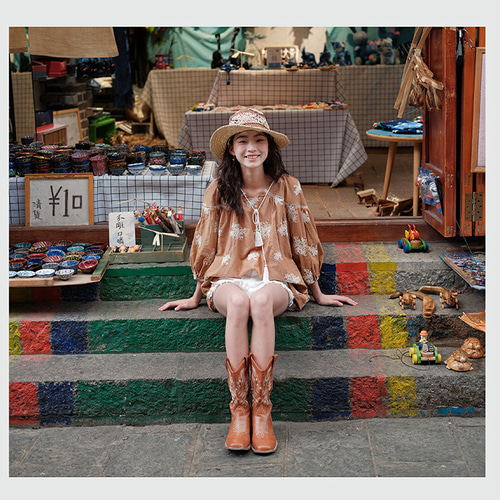 春秋 レディース ボヘミアンレースアップ刺繍トップ コットンリネン