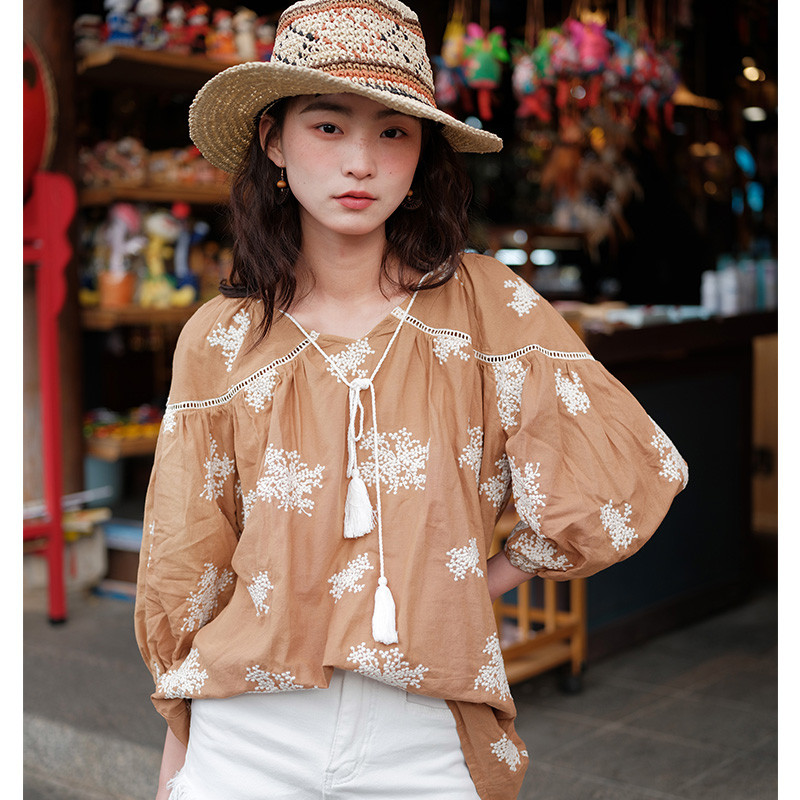 アンティークフランス スカラップリム アイレット花刺繍 トップス リネンシャツ