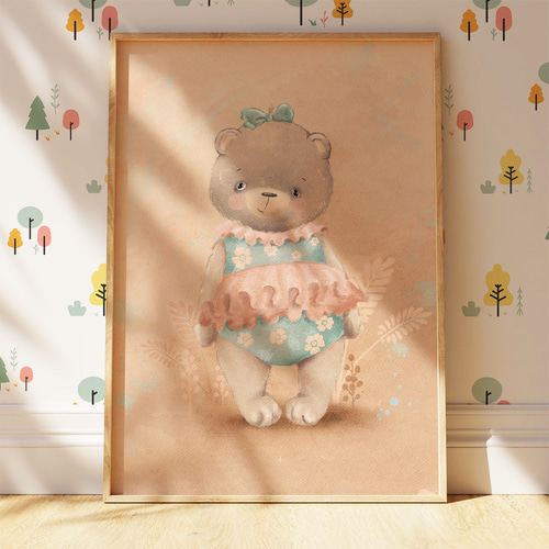 子供向けアートポスター おしゃれクマちゃん 花柄ワンピース