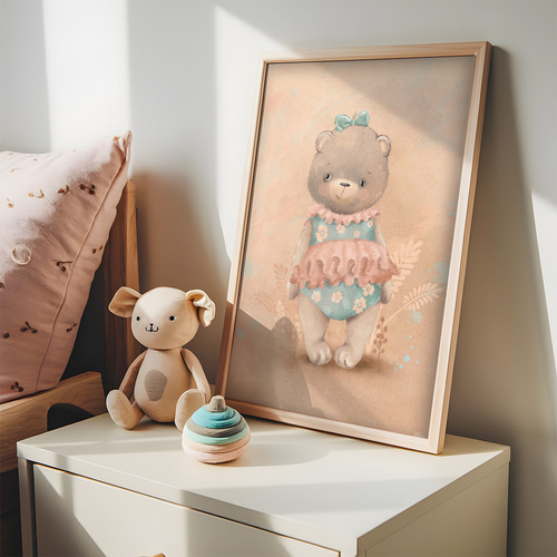 子供向けアートポスター おしゃれクマちゃん 花柄ワンピース