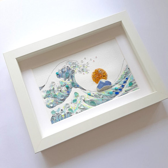 〈富士山と大波〉シーグラスアート 2枚目の画像