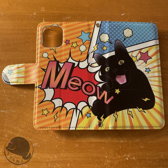 ＊ほぼ全機種対応【黒猫スピネル】アメコミ風 手帳型スマホケース スタンド機能付き  黒猫 オリジナルデザイン 5枚目の画像