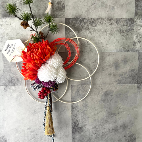 再販すぐ発送 オレンジの洋風マムと白いピンポンマムの水引飾り 梅