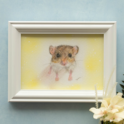 【原画・フレーム付き】「マカロニマウス」　パステル・色鉛筆画　ファットテールジャービル　動物　ネズミ　ハムスター　ペット 1枚目の画像