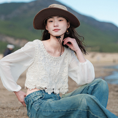 春夏 ボヘミアンパッチワークシフォン アプリコット長袖日焼け止め  