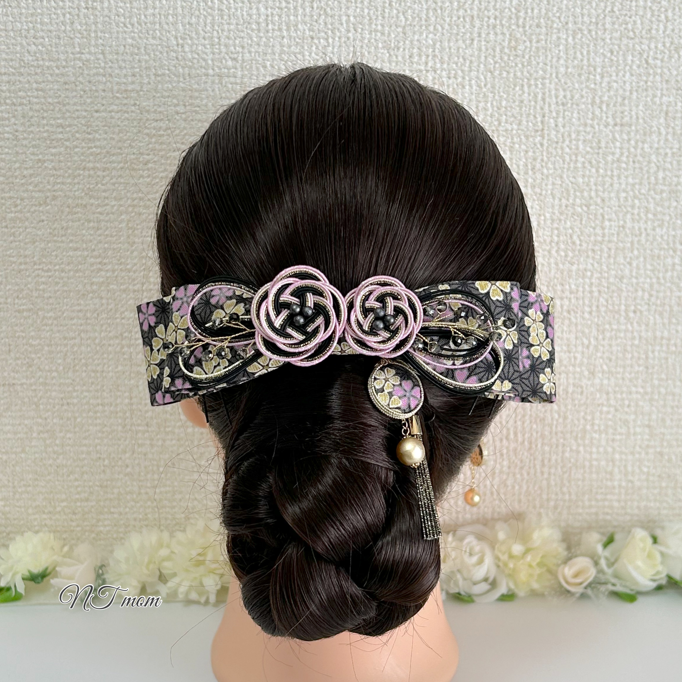 成人式結婚式卒業式・和装リボンとピアス(イヤリング)・ダークグレー