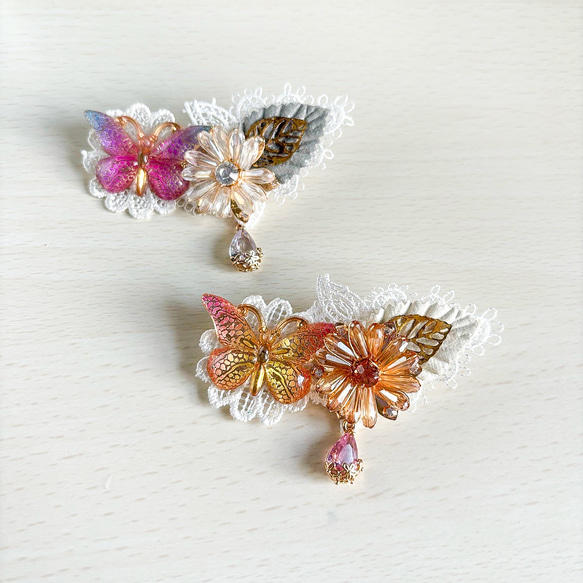 きらきら蝶とお花の宝石ヘアクリップ◇ ピンク×イエロー 6枚目の画像