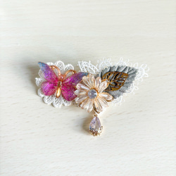 きらきら蝶とお花の宝石ヘアクリップ◇ パープル×グレー 3枚目の画像