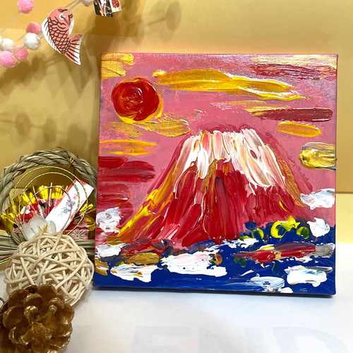 【赤富士】【ネモフィラの丘】肉筆で書いた 絵画 （るーいーママ） 赤コキアと富士山／山口ミドリ｜アート絵画・販売通販WASABI(ワサビ)