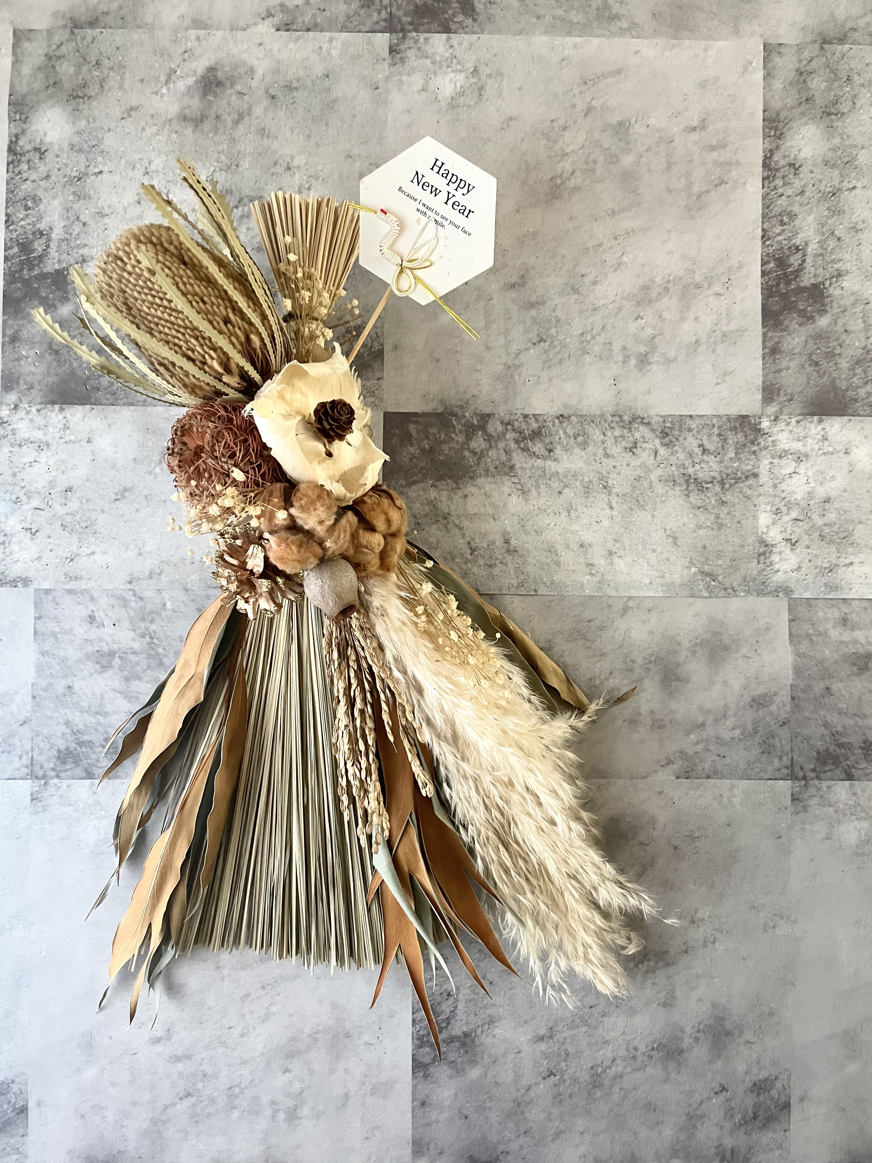 バンクシアとパンパスのナチュラルなしめ飾り１点ドライフラワー しめ縄飾り しめ飾り コットンフラワー正月飾り 新春飾り