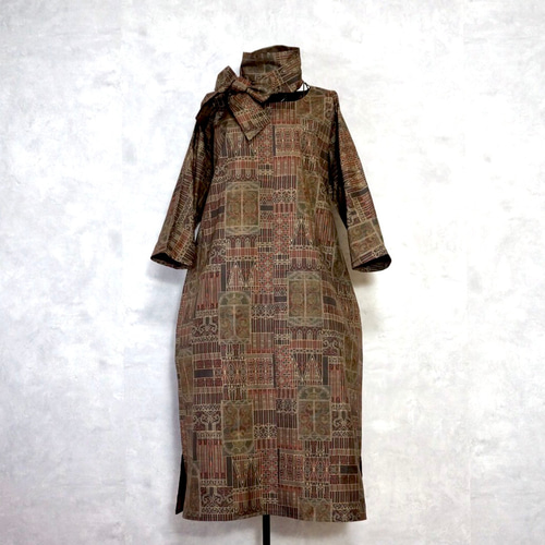 着物リメイク 正絹 織り出十日町紬ロールカラーワンピ＊スヌード  