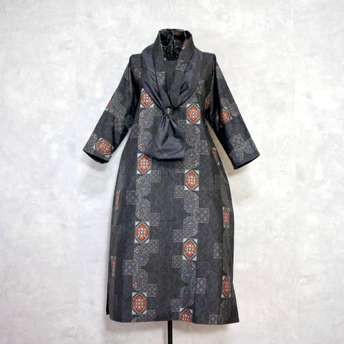 一点モノ】大島紬 着物リメイク シンプル ワンピース & スヌード