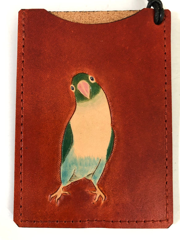 本革　手描き　カードケース　文鳥 1枚目の画像